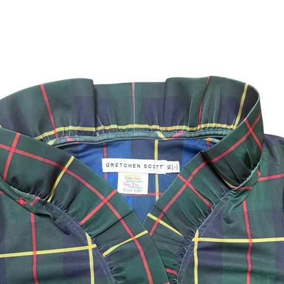 Green plaid top, stand up ruffle collar, 3/4 sleeve, contrast turn up sleeve, XL - Picture 11 of 11